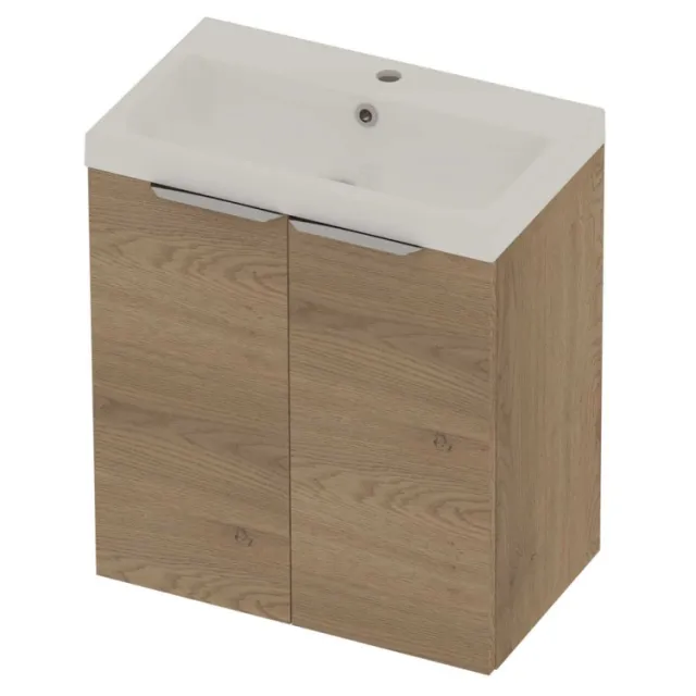 Basic-Line Pretty 36 Badmeubelset Polystone 1 Kraangat Voor Grepen 60x36x70 cm Pure Oak Glans Wit