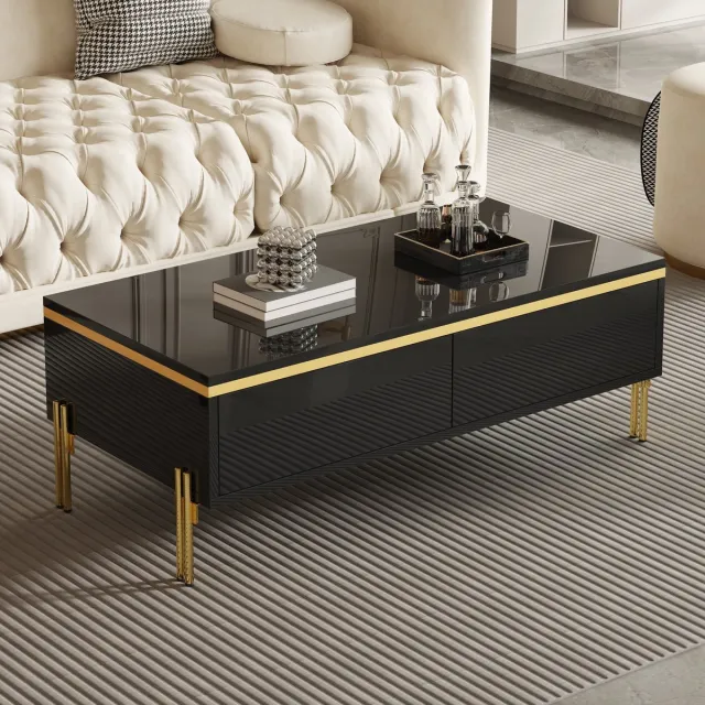 STILVORA Salontafel - Hoogglans Met Dubbele Verborgen Lades - Voor Opgeruimde Woonkamer - Spaanplaat Metaal - 100x50x36 Cm - Zwart