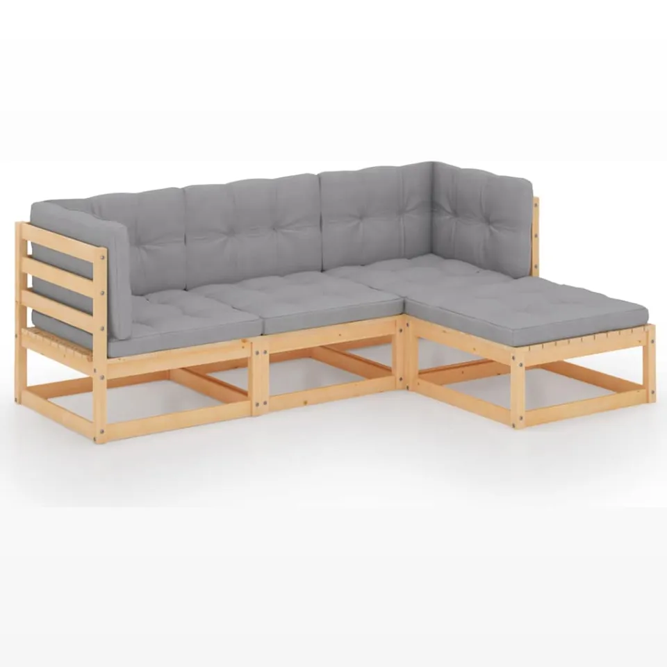 vidaXL 4-delige Loungeset met kussens massief grenenhout grijs, foto 3