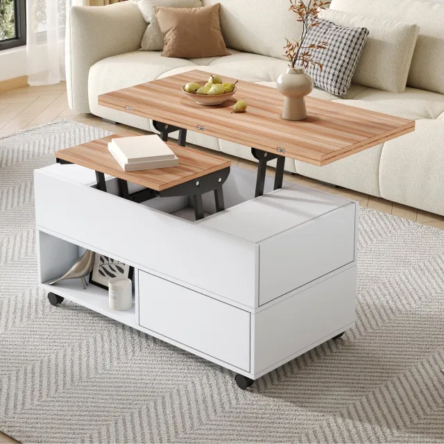 Clruro Salontafel - 100 x 50 x 52 cm - Verstelbare Salontafel met 4 Laden en Wielen - Opbergruimte - MDF - Wit/Hout Wit+Eiken