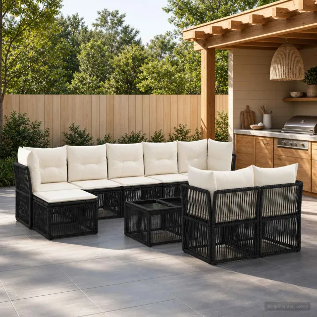 vidaXL Tuinbankenset 10 st 9-zits Zwart poly rattan, foto 2