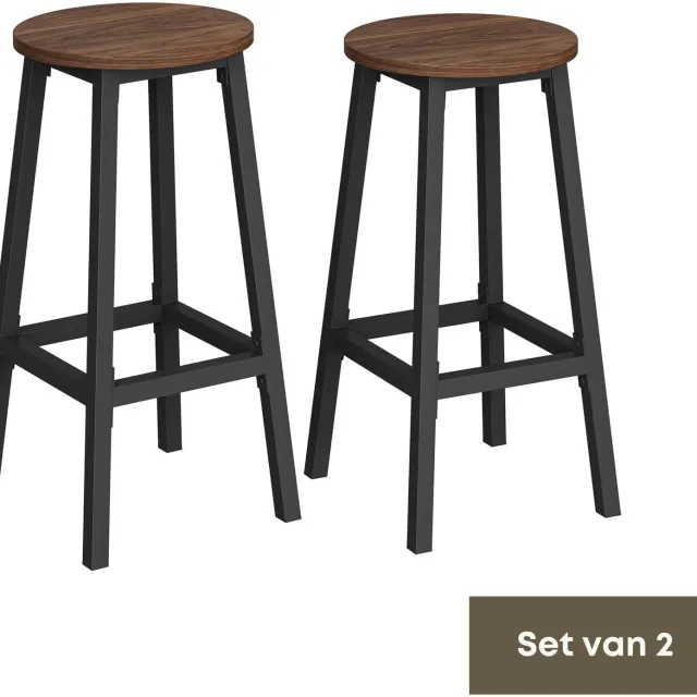 Acaza Barkruk - Per 2 - Barkrukken Set van 2 - Hoogte 65 cm - Walnoot - Barstoel - Ronde Barkrukken
