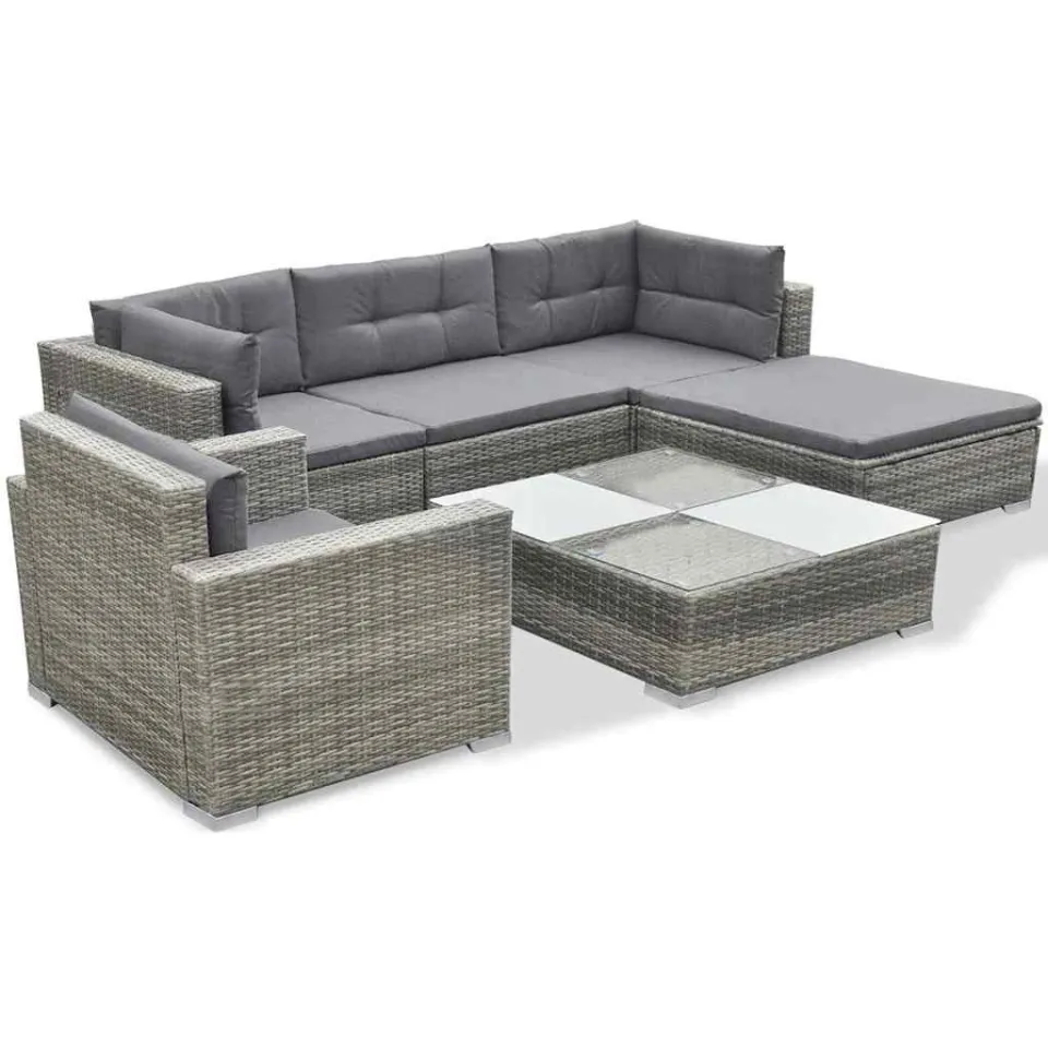 vidaXL 6-delige Loungeset met kussens poly rattan grijs