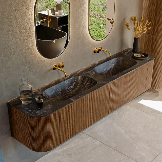 Mondiaz KURVE-DLUX 200 cm Onderkast Greeploos 2 Lades Met Deuren Walnut, Wastafel Solid Surface Dubbel Lava 0 Kraangaten Zonder Spiegel (KRVSTS200L+R2L2D0KD-Wal/Lav)