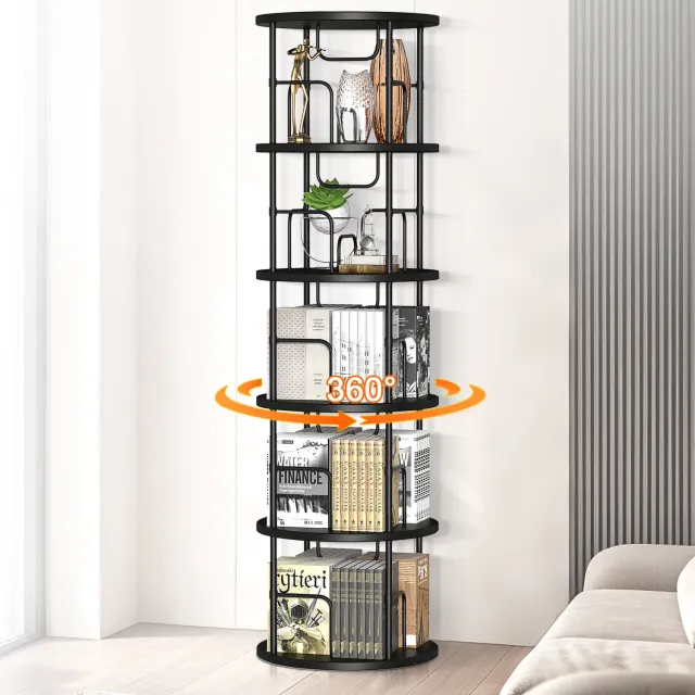XIIW-PREMIUM 360° Draaibare Houten Boekenkast 160x45x45cm 5-Etage Vrijstaand Boekentoren Hoek Boekenplank Opbergrek Organiser met Zijrails voor Display Woonkamer Slaapkamer Kantoor Thuiskantoor, Zwart