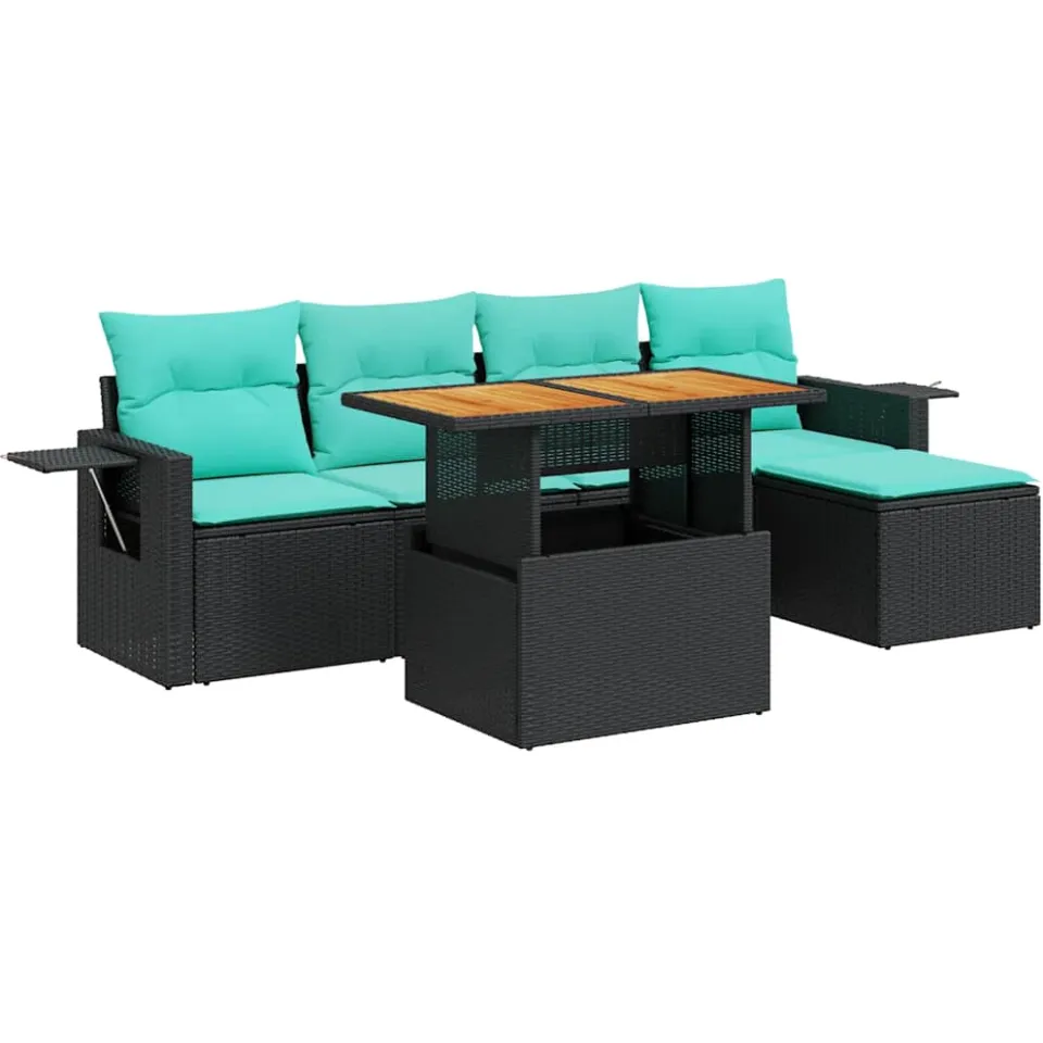 vidaXL 6-delige Loungeset met kussens poly rattan zwart, foto 3
