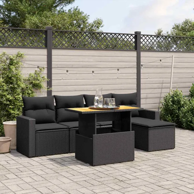 vidaXL 6-delige Loungeset met kussens poly rattan zwart, foto 2