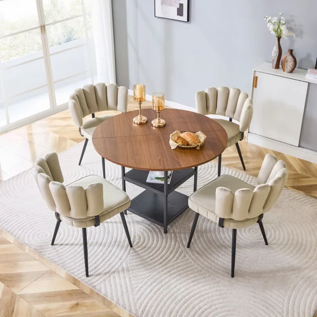 MIVRAY Eetkamerset 107 cm - Ronde Tafel Met Dubbele Opbergruimte en 4 Stoelen - Voor Kleine Woning - MDF Metaal Bruin Licht Koffie, Walnoot, Zwart
