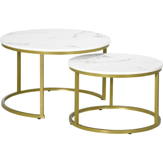 Homona Salontafel-set - 2 Satztische - Met marmerlook - Ø 74 cm en Ø 59 cm - Wit/Goud