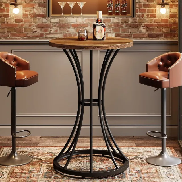 Tribesigns Bartafel - Keukentafel - Ronde Bartafels met Gebogen Metalen Basis - Industrieel - Bruin/Zwart - 60 x 60 x 95 cm
