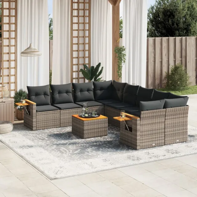 vidaXL 9-delige Loungeset met kussens poly rattan grijs, foto 2