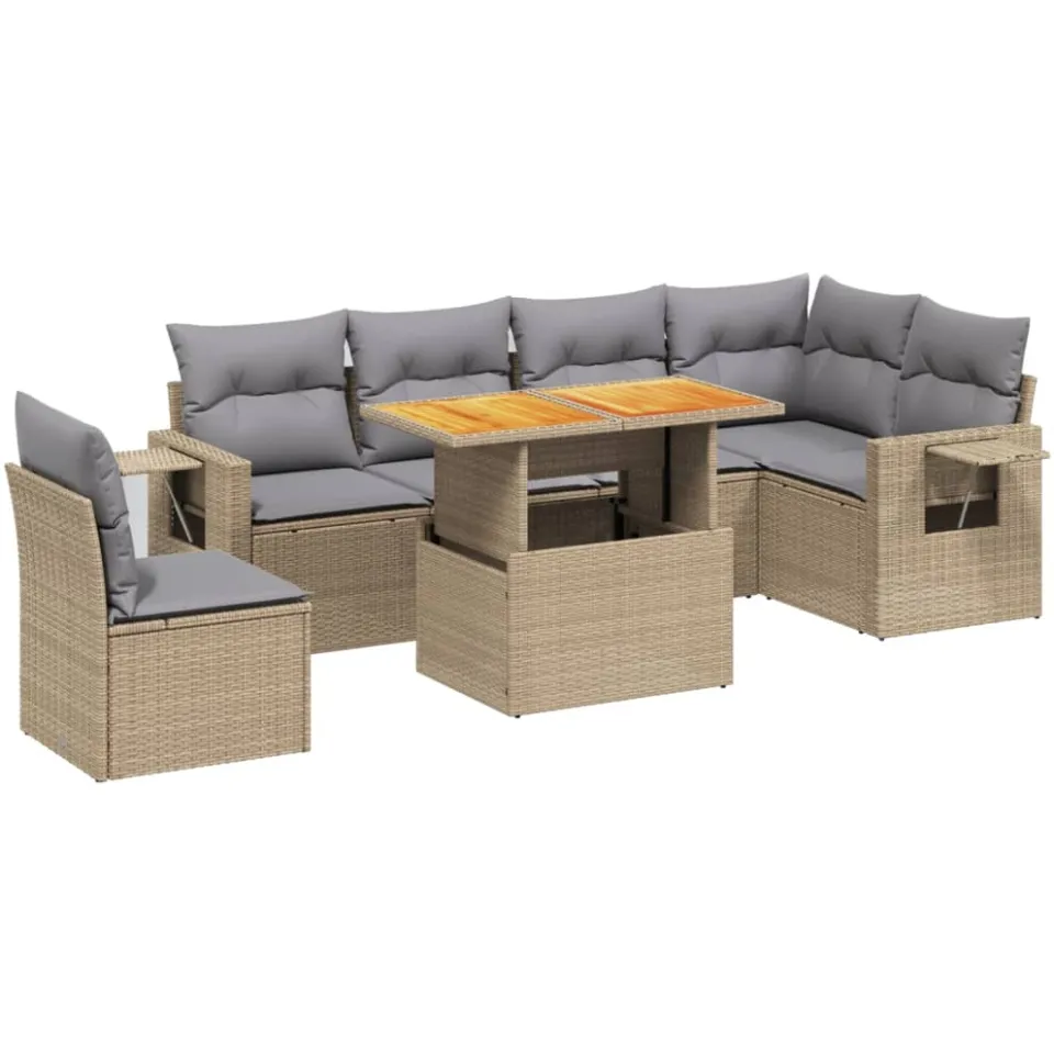 vidaXL 7-delige Loungeset met kussens poly rattan beige, foto 3
