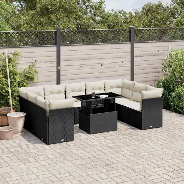 vidaXL 10-delige Loungeset met kussens poly rattan zwart, foto 2