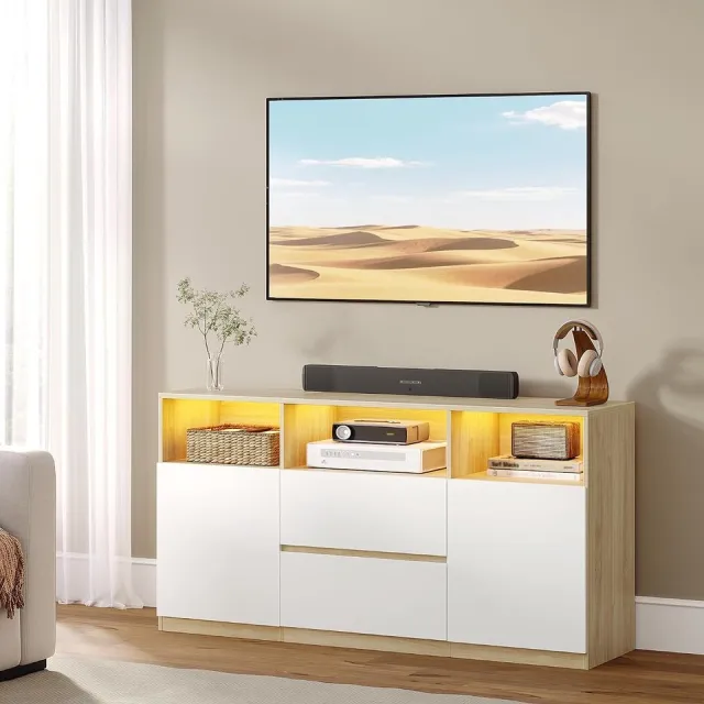 HILINSIE TV-kast met RGB LED-verlichting (25 kleuren), witte eiken kleuren, TV-kast voor tv's tot 65 inch, dressoir met laden, 3 open vakken, voor woonkamer en slaapkamer,147 x 40 x 76 cm Wit eikenkleurig