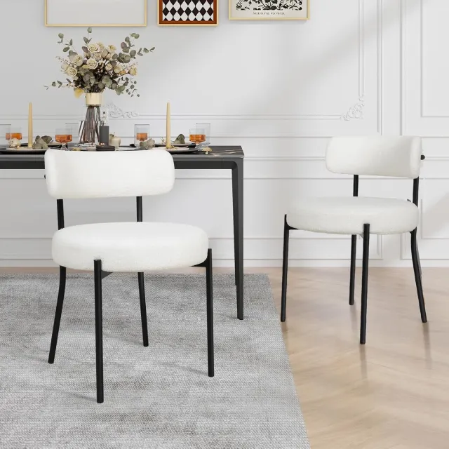Puluomis Eetkamerstoelen - Set van 2 - Teddy Fleece - Metalen poten - Gevoerde zitkussens - Gebogen rugleuning - Wit