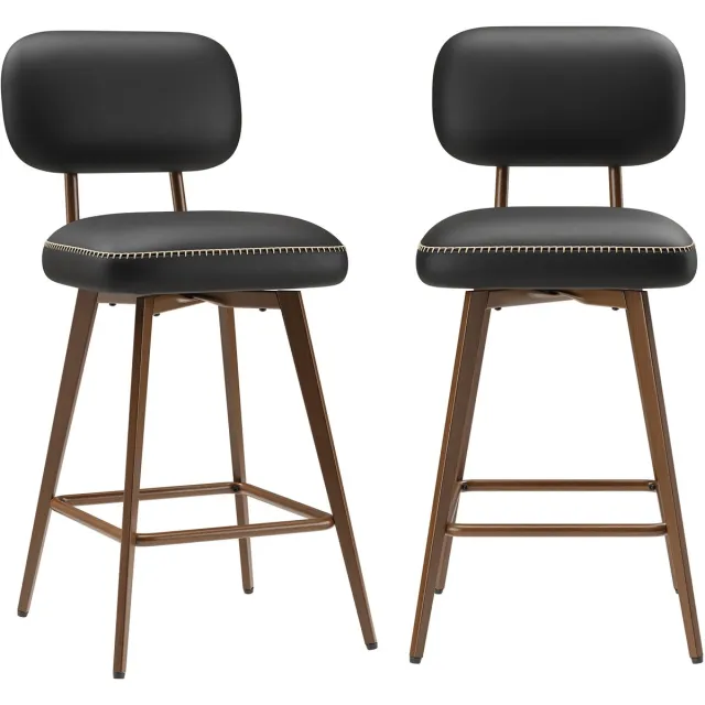 COLAMY Set van 2 draaibare barkrukken van PU-kunstleer - toonbankhoogte - modern midden-eeuws design - met lage rugleuning en metalen onderstel - geschikt voor keukeneilanden - black