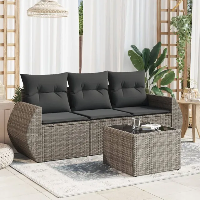 vidaXL 4-delige Loungeset met kussens poly rattan grijs, foto 2
