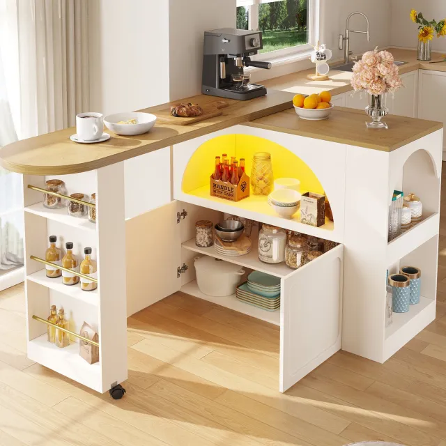 Maisentiel Uitschuifbare bartafel op wielen met opbergruimte en LED - 135-205 cm - wit