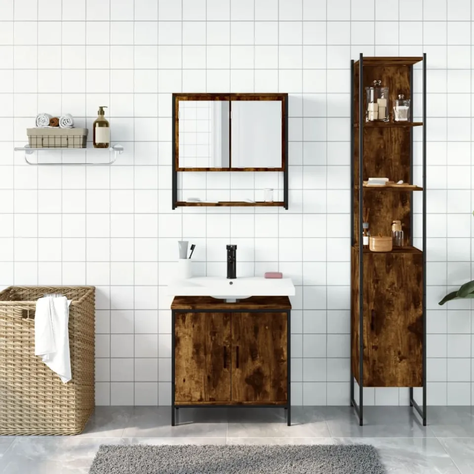 vidaXL 3-delige Badkamermeubelset bewerkt hout gerookt eikenkleurig, foto 2