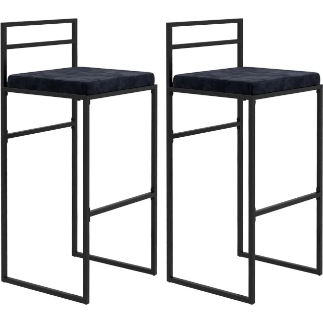 Archi Barkrukken Set van 2 - Hoge Barstoelen met Fluwelen Zitting - Zwart - Met Rugleuning en Voetsteun - Keuken, Bar & Eiland