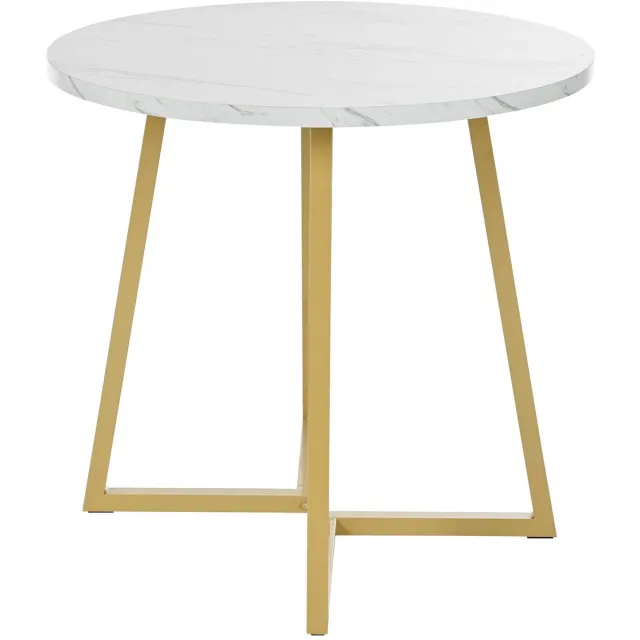 Merax Ronde Eettafel Ø80 cm - Moderne Keukentafel met Marmerlook - Tafel met Stabiel Metalen Onderstel - Wit met Goud