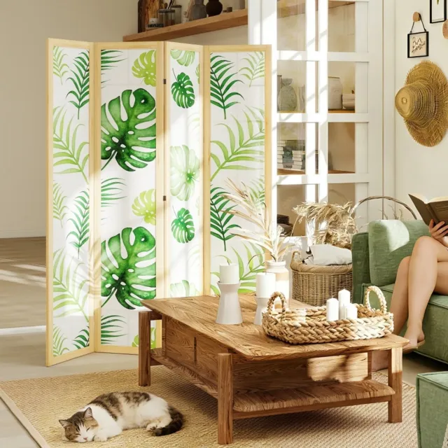 FloraGrace Kamerscherm Opvouwbaar - 160 x 1,8 x 170 cm - Hout - Naturel en Groen - Vierdelig Vrijstaand met Tropisch Bladmotief Natuurlijk hout