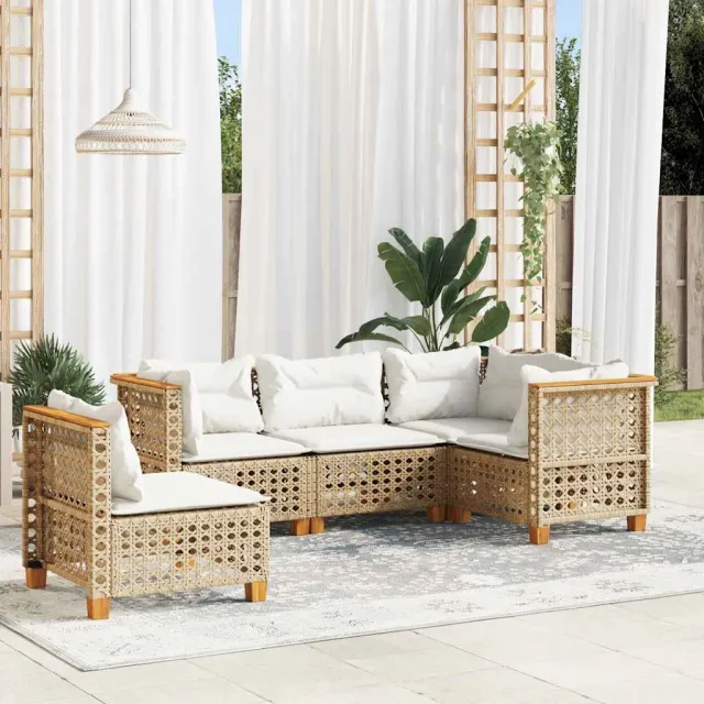 vidaXL 5-delige Loungeset met kussens poly rattan beige, foto 2