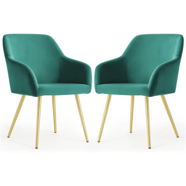 Akord Set van 2 Eetkamerstoelen ESTELLE met Armleuningen / Gestoffeerde Stoelen / Fluwelen Stoelen en Metalen Poten / Flesgroen met gouden benen