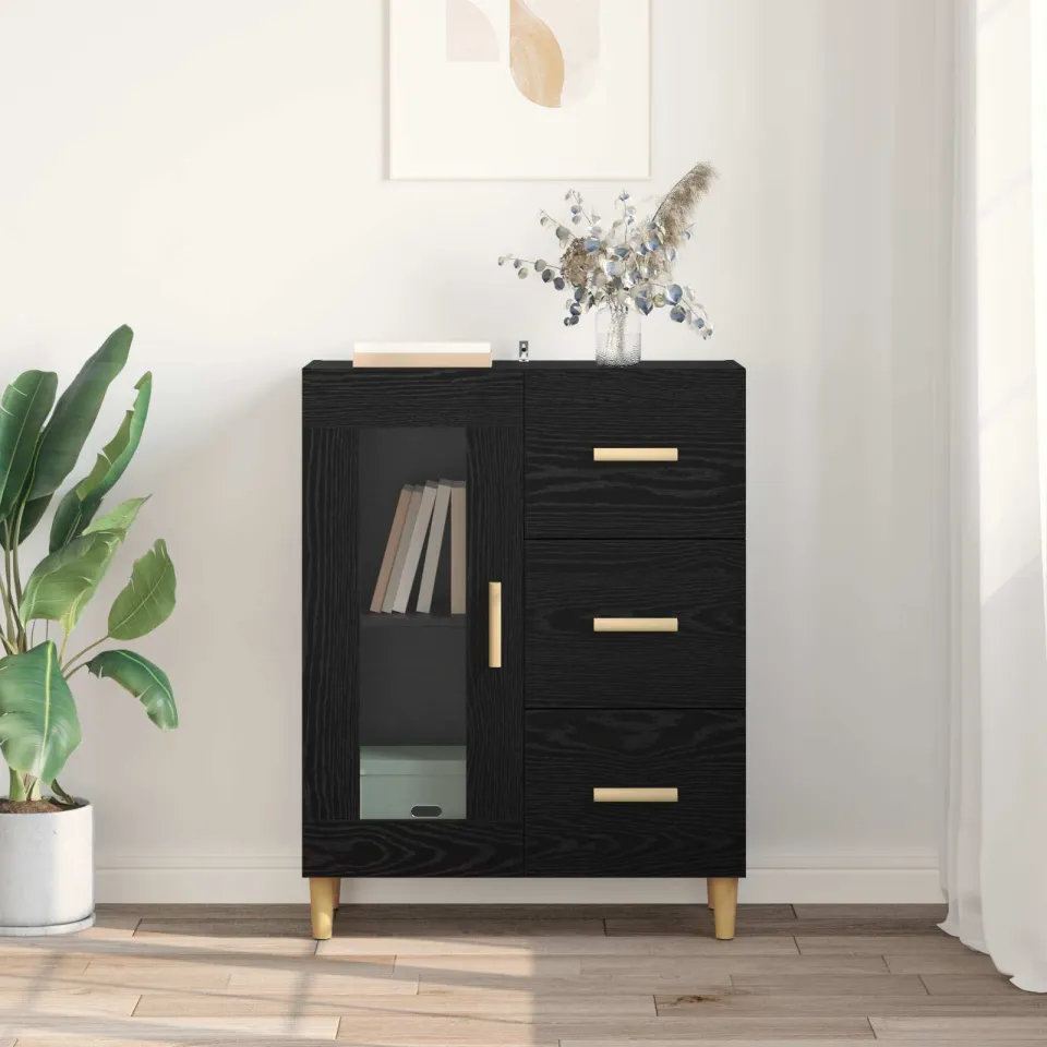 vidaXL Dressoir Zwart Eiken 69,5 x 34 x 90 cm Bewerkt hout, foto 3