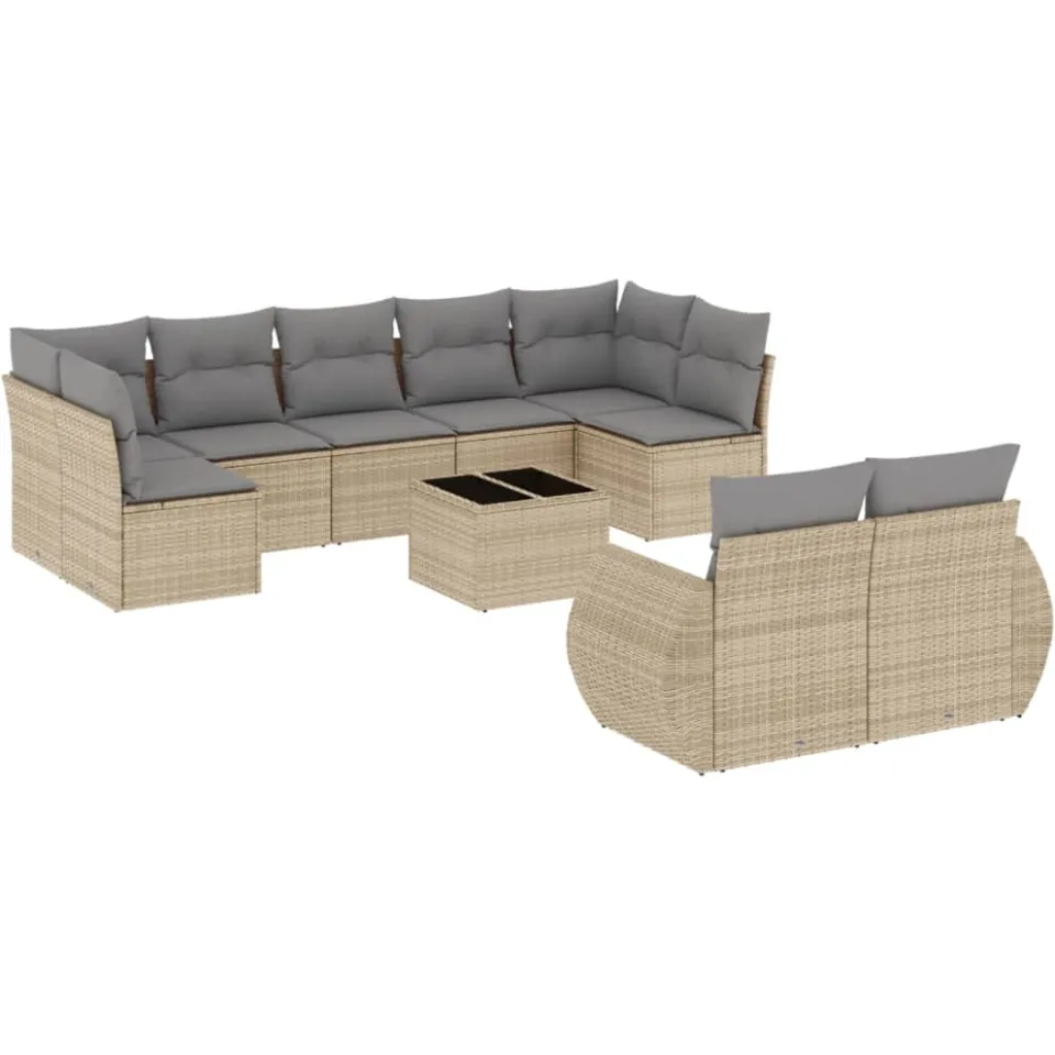 vidaXL 10-delige Loungeset met kussens poly rattan beige