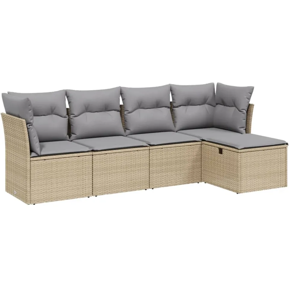 vidaXL 5-delige Loungeset met kussens poly rattan gemengd beige, foto 3