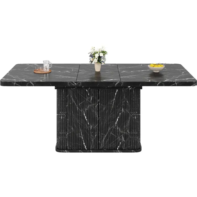 SONNENH Uitschuifbare eettafel met geribde opbergkast - 140 tot 180 cm - Zwart marmerlook