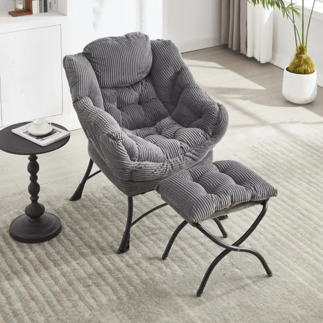 DESMIU Fauteuil 80 Cm - Met Hocker, Armleuningen En Opbergzak - Voor Woonkamer, Slaapkamer En Leeshoek - Stof En Metaal - Grijs