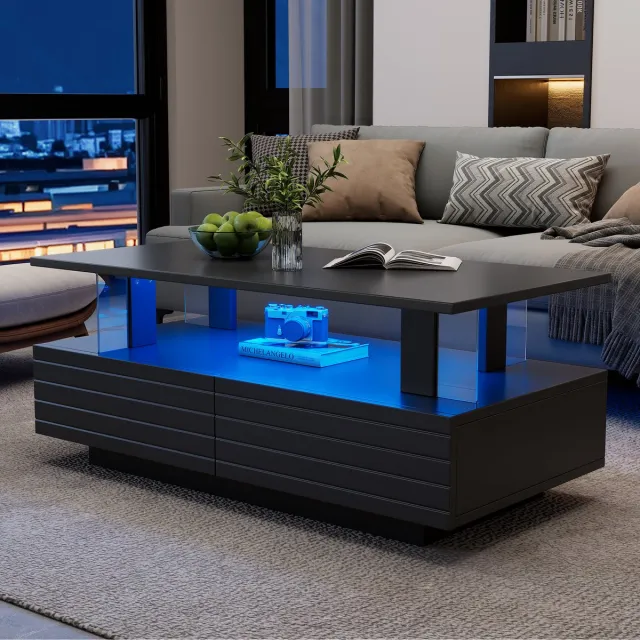 MUVANO Zwarte led salontafel - Acryl salontafel met lades - Moderne rechthoekige tafel - 100x50x42 cm - App bediening en opbergruimte - Woonkamer Zwart