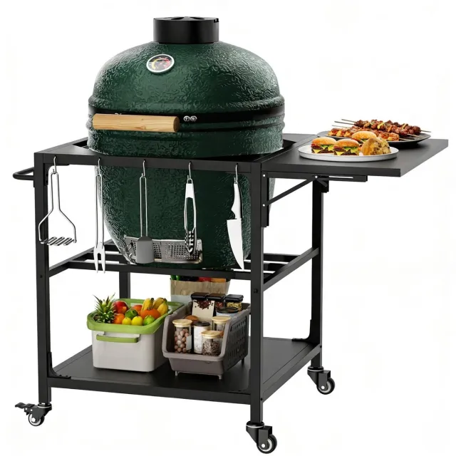 REDOM Grilltisch - Voor Big Green Egg Large - Met verrijdbare metalen constructie - Met uitklapbaar werkblad en haken - Voor buiten koken - Metaal - Zwart - 110,2 x 70,1 x 76,2 cm