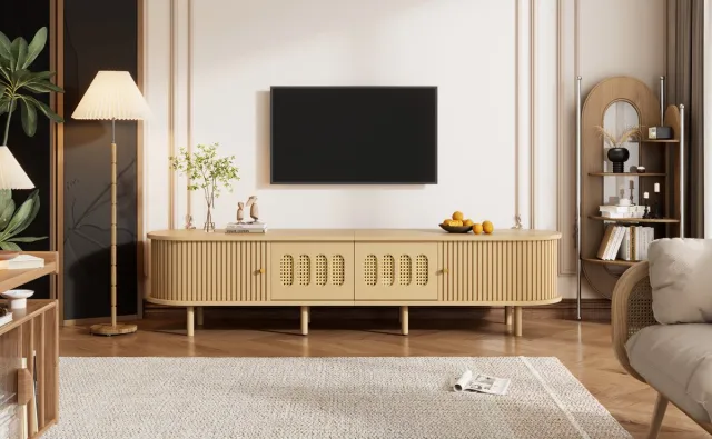 Wishdor Tv-meubel - 180 x 40 x 40 cm - 2 kastdeuren en 2 roldeuren - MDF - Rotan design - Naturel - voor tv tot 75 inch Natural
