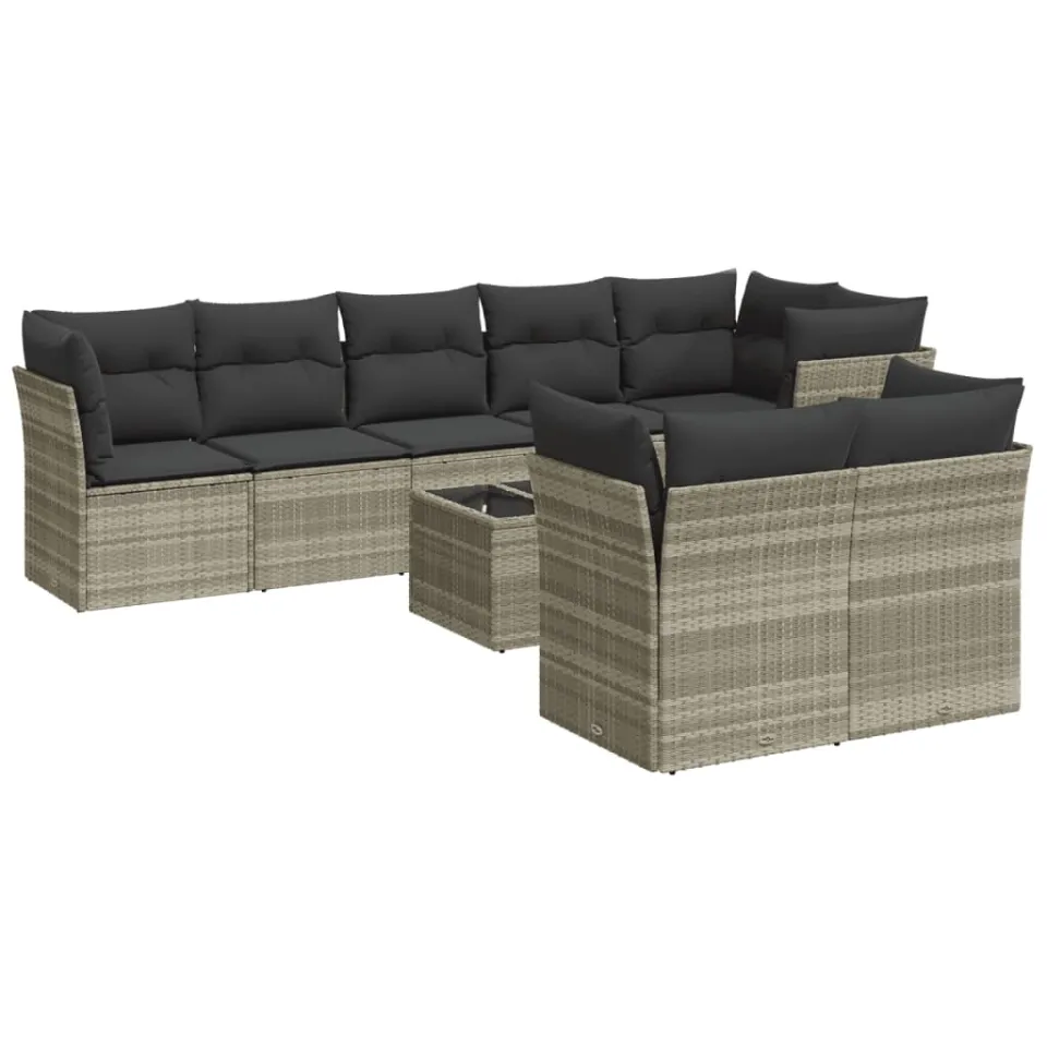 vidaXL 9-delige Loungeset met kussens poly rattan lichtgrijs grijs