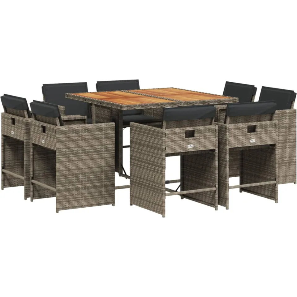 vidaXL 9-delige Tuinset met kussens poly rattan grijs