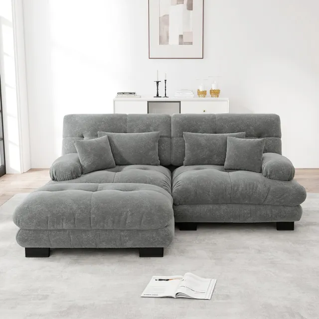 KOMHTOM BLACKCOLORS Cloud hoekbank voor de woonkamer, tweezitsbank in chenille met 2 lendenkussens en 2 sierkussens, gestoffeerde bank met brede armleuningen en poef, grijs chenille