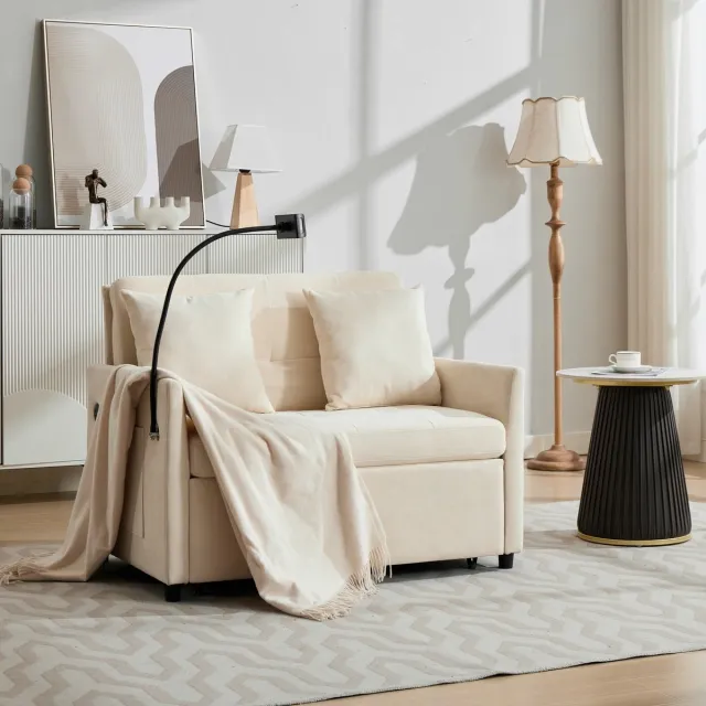 REDOM Fauteuil - Opvouwbare slaapfunctie - Verstelbare rugleuning - USB-oplaadpoort en tablethouder - Moderne stijl - Stof - Beige - 109 x 72 x 83,5 cm