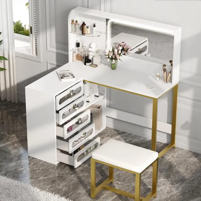Solvenrik L-vormige Kaptafel met LED Spiegel – Make-up Tafel met 5 Lades, Verstelbare Planken, Acryl Opbergrekken en Kruk – Moderne Kaptafel Wit