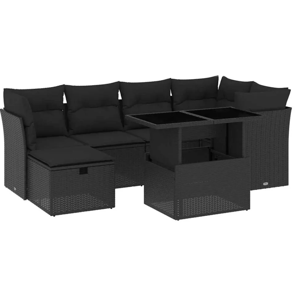 vidaXL 7-delige Loungeset met kussens poly rattan zwart