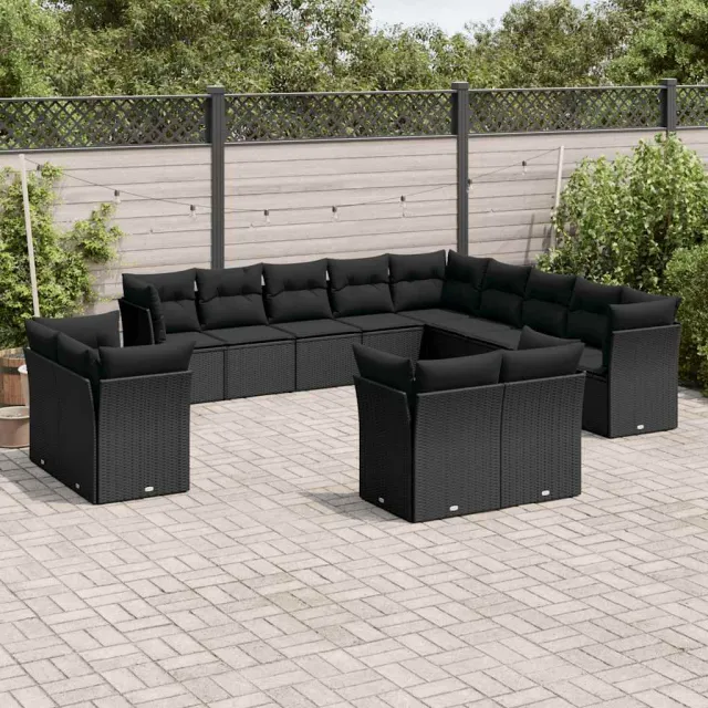 vidaXL 13-delige Loungeset met kussens poly rattan zwart, foto 2