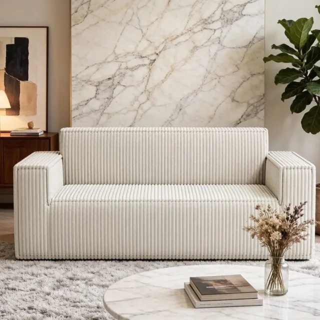 MEUNIQ 2-zitsbank 178 cm in ribstof met diepe zit en lage, strakke vormgeving voor woonkamer, slaapkamer of thuiskantoor in gebroken wit