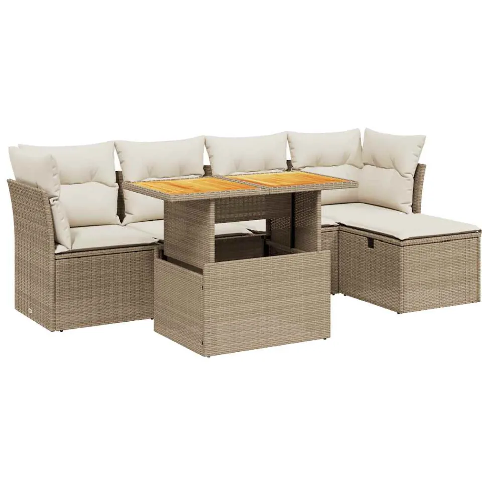 vidaXL 6-delige Loungeset met kussens poly rattan beige, foto 3