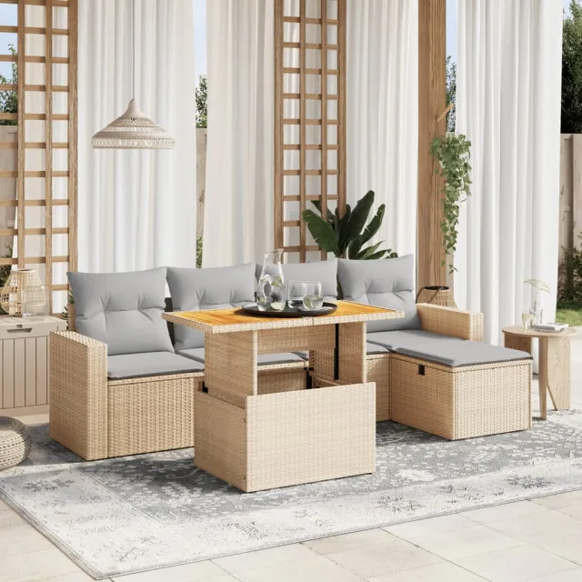 vidaXL 6-delige Loungeset met kussens poly rattan beige, foto 2