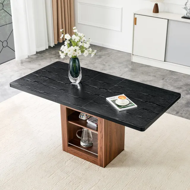 OKWISH Eettafel – Uitschuifbaar Met Opbergrek – 130-160 x 80 x 75,5 cm – Zwart Houtlook Blad – MDF En Metaal – Walnootkleurig Onderstel
