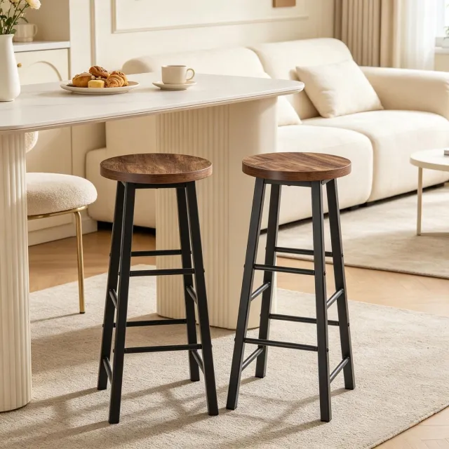MEUNIQ Barkruk set van 2, industrieel, 71 cm zithoogte, rond MDF zitvlak, metalen frame met voetsteun, keuken, bartafel of ontbijtbar, zwart en vintage houtkleur