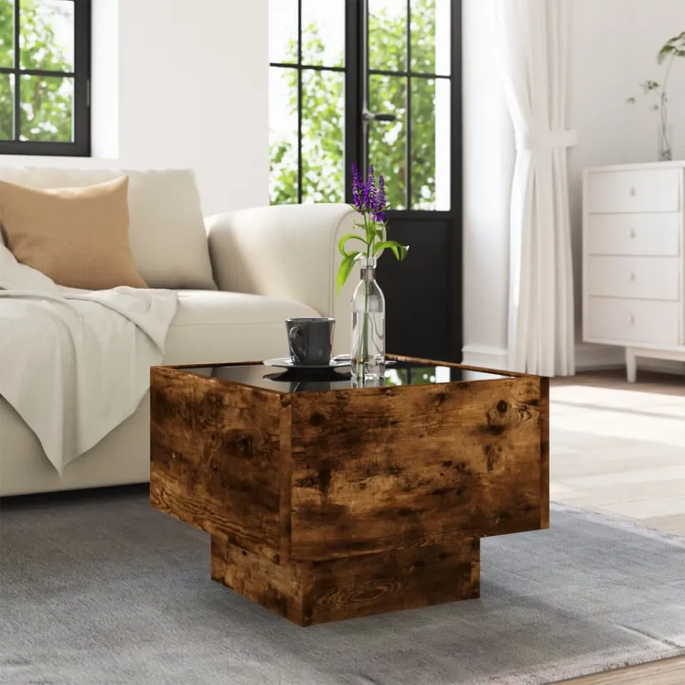 vidaXL Bijzettafel met LED 40x40x30 cm bewerkt hout gerookt eikenkleur, foto 4