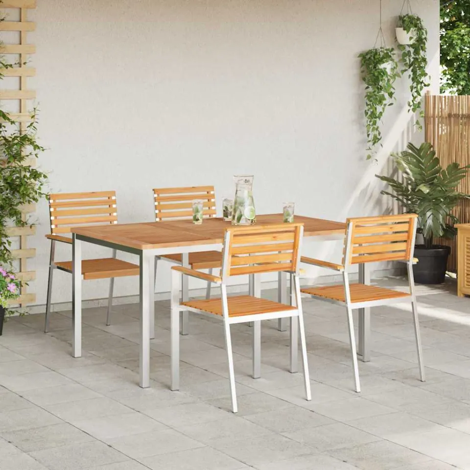 vidaXL Tuin eettafelset 5 st Massief Teakhout en RVS, foto 3